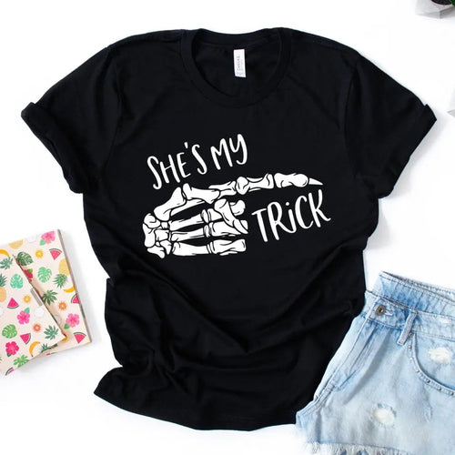 My Trick and My Treat Pointing Halloween Couples Tee